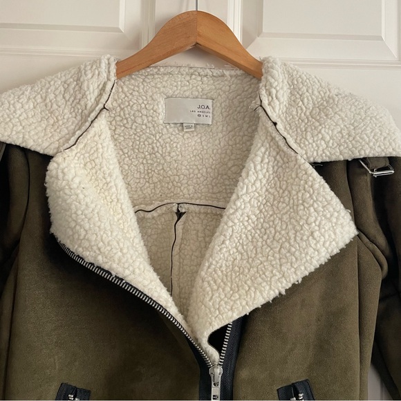 J.O.A. Olive Bomber Jacket withShearling Collar Faux Suede Sherpa Moto Cabincore - Picture 2 of 14